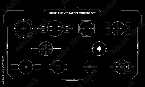 HUD Futuristic Element User Interface Target Monitor Set Vector.White Abstract Hologram Object Future Concept Layout Illustration.