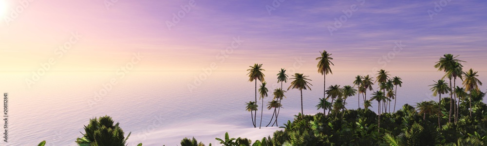 beautiful sunset over tropical beach with palm trees, panorama of tropical sunrise,
3D rendering
