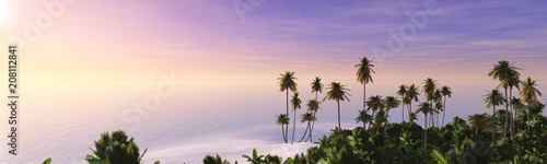 beautiful sunset over tropical beach with palm trees, panorama of tropical sunrise, 3D rendering 