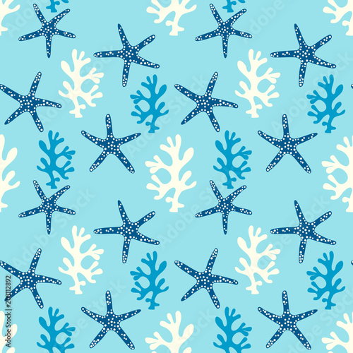 Seamless pattern with coral reef  and starfish. Underwater background.