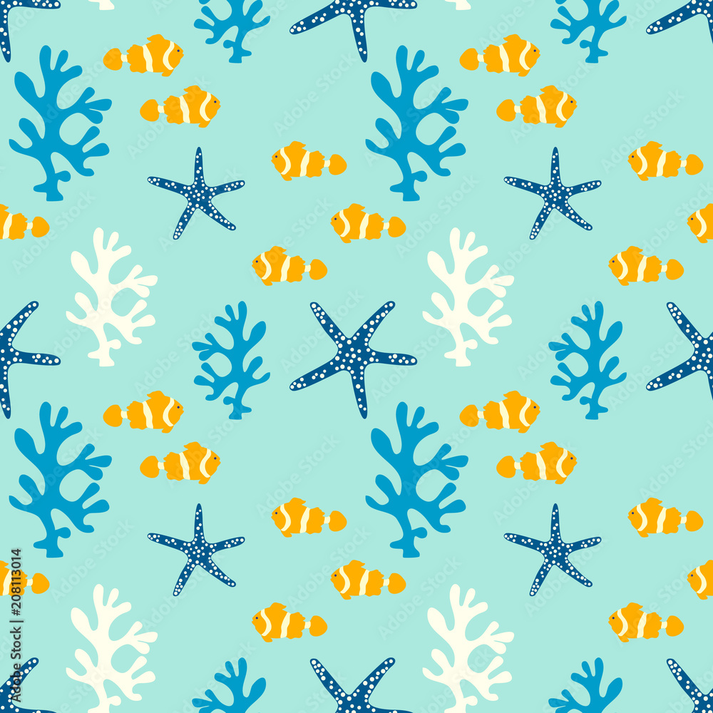 Seamless pattern with coral reef, anemone fish and starfish. Underwater background..