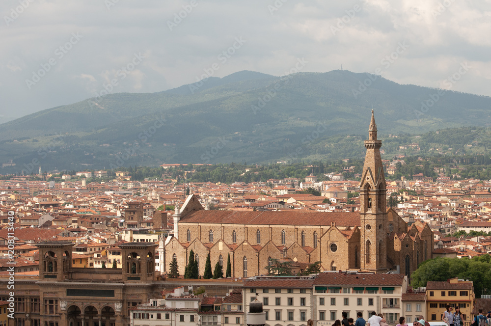 Florence panoramic view and The Basilica di Santa Croce in the distance from The Campanile. Florence, Italy