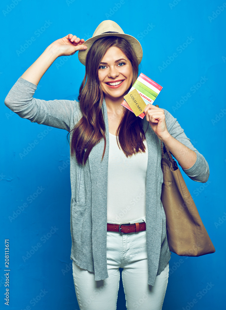 Woman holding passport, credit card for summer vacation travel. Woman holding passport, credit card for summer vacation travel.