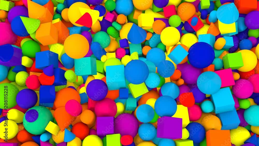 A retro 3d rendering of random shape and colored balls, squares, pills, lozenges, pyramids, cubes, falling down and jumping cheerfully and optimistically up.