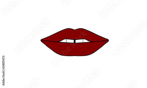 The lips of a woman of red color, with white teeth, with a slit. Isolated on a white background, glamour and fashion, lip plastic, red lipstick.