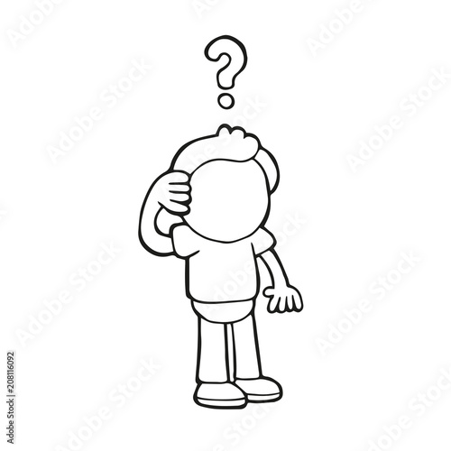 Vector hand-drawn cartoon of confused man thinking with question mark