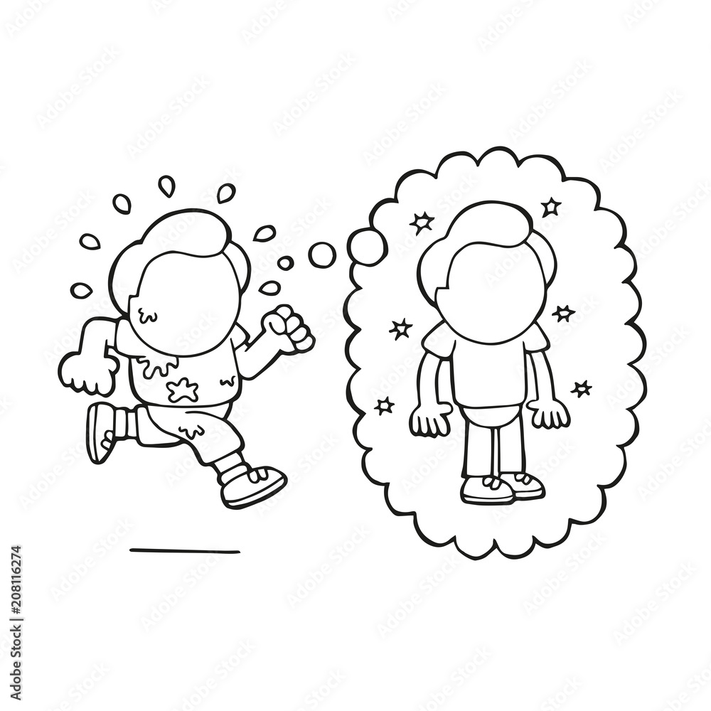Vector hand-drawn cartoon of running man dreaming of losing weight thought bubble Vector hand-drawn cartoon of running man dreaming of losing weight thought bubble