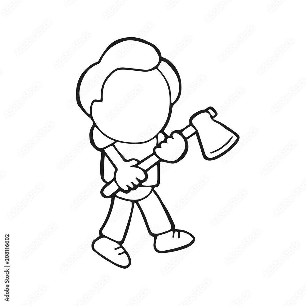Vector hand-drawn cartoon of lumberjack man holding axe walking