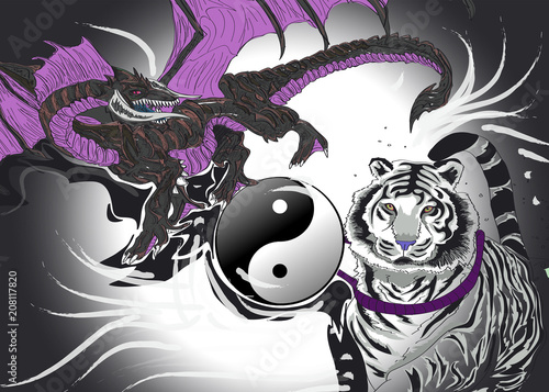 Quadro em tela Ying Yang Tigre e DRagão