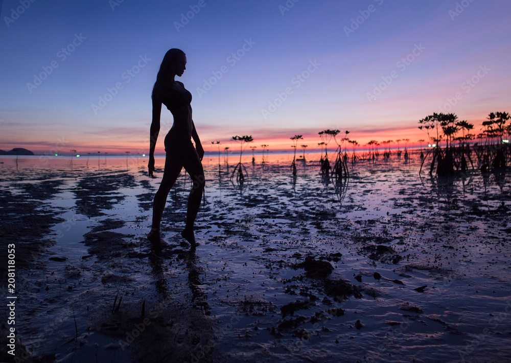 Beautiful Sexy Woman Silhouette posing near Sea. Seashore sunset landscape, Thailand