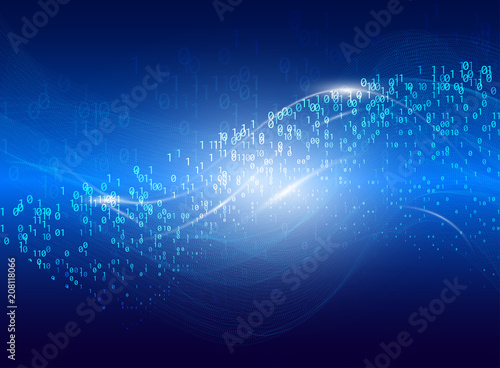 Abstract transforming virtual space. Futuristic vector illustration of binary code particles and neon glowing cyber wave. Big data structure. Internet or cyberspace technology concept. Neural network.