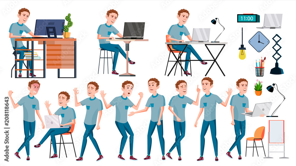 Office Worker Vector. Face Emotions, Various Gestures. Businessman Worker. Happy Job. Partner, Clerk, Servant, Employee. Isolated Flat Cartoon Illustration