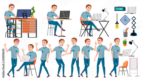 Office Worker Vector. Face Emotions, Various Gestures. Businessman Worker. Happy Job. Partner, Clerk, Servant, Employee. Isolated Flat Cartoon Illustration