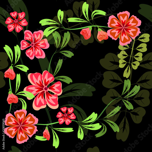 Vector seamless pattern of pink flowers and leaves on a dark background
