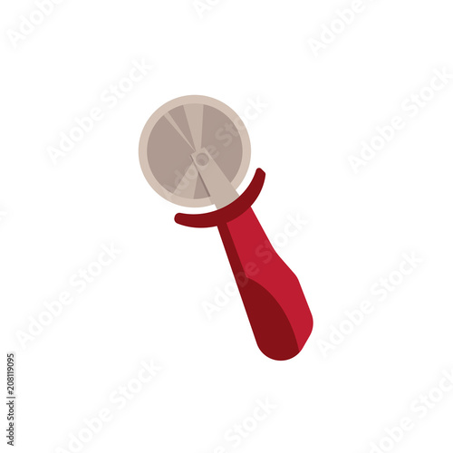 Pizza cutter with red handle icon. Wheel blade knife for pizza serving, slicer steel utensil for restaurant and cafe menu design. Vector flat isolated illustration
