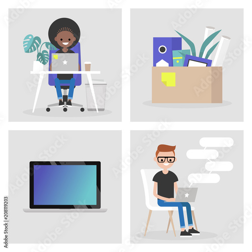 Modern office set. Collection of business images. Millennials at work. Characters and objects. Flat editable vector illustration, clip art