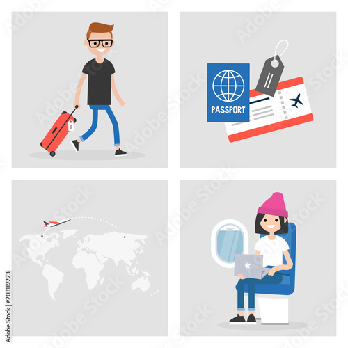 Set of travel images. Passengers at the airport and inside the aircraft. Flight. Boarding pass and passport. World map.  Flat editable vector illustration, clip art