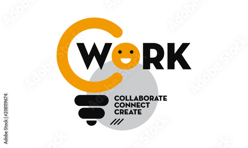 Cowork Logo Idea. Vector illustration of a bulb and laughing emoji. Co work concept