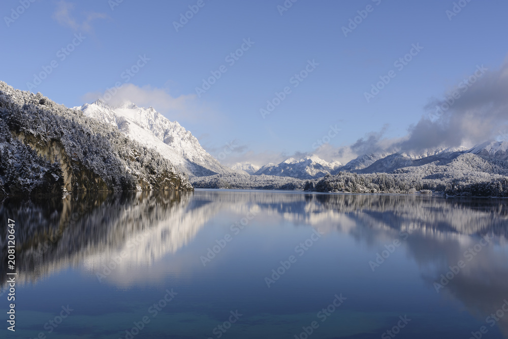 Landscape of San Carlos de Bariloche, lakes and mountains in winter.