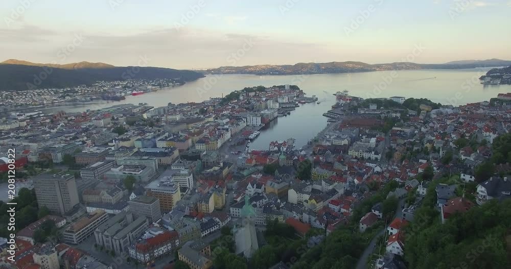 Aerial view of VÎgen harbour, Byfjorden fjord and old city from Mount FlÀyen (FlÀyfjellet), Bergen, Hordaland, Norway, Scandinavia Aerial view of VÎgen harbour, Byfjorden fjord and old city from Mount FlÀyen (FlÀyfjellet), Bergen, Hordaland, Norway, Scandinavia
