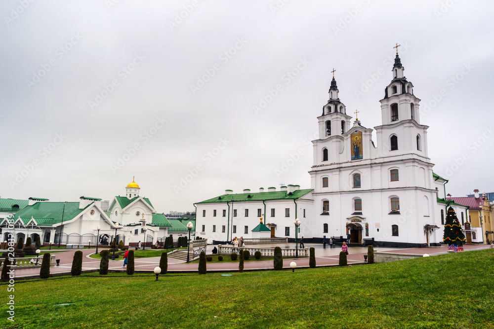 The Holy Spirit Cathedral in Minsk, Belarus during a rainy and cloudy day