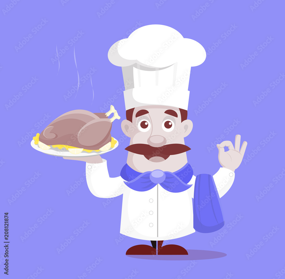 Flat Design Cook with Chicken Vector Illustration Flat Design Cook with Chicken Vector Illustration