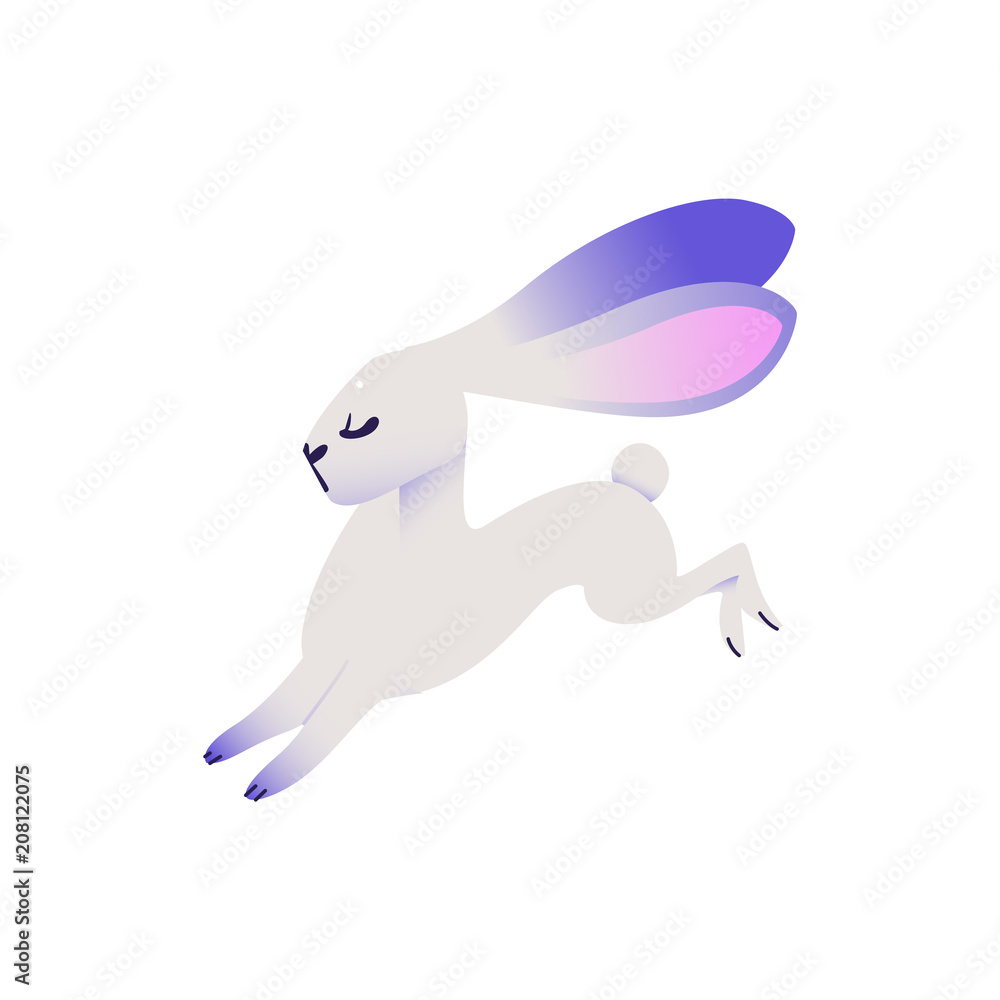Fototapeta premium Cute white rabbit with blue pink ears. Funny hand drawn animal running cheerfully. Hare with long ears. Sweet easter symbol. Vector illustration isolated in cartoon style.