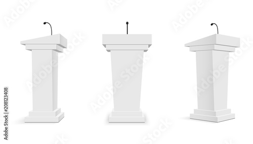 Creative vector illustration of podium tribune with microphones isolated on transparent background. Art design rostrum stands. Abstract concept graphic element for business presentation, conference