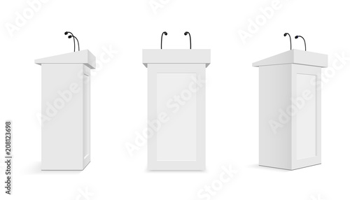 Creative vector illustration of podium tribune with microphones isolated on transparent background. Art design rostrum stands. Abstract concept graphic element for business presentation, conference photo