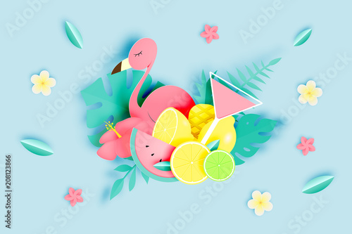 Tropical floral with flamingo in paper art style and pastel color scheme