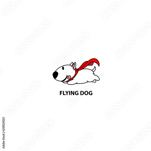 Flying dog, funny bull terrier with red cape icon, logo design, vector illustration