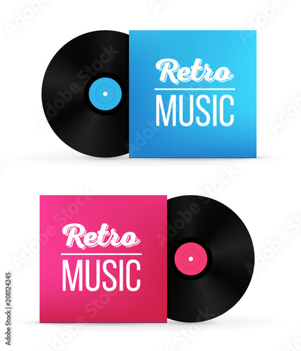 Creative vector illustration of realistic vinyl record disk in paper case box isolated on background. Front view. Art design blank LP music cover mockup template. Concept graphic disco party element