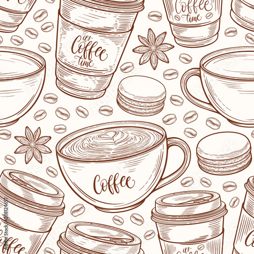 Hand drawn seamless pattern with coffee cups, beans, mugs, macaroons. Colorful background in vintage retro colors. Decorative doodle vector illustration