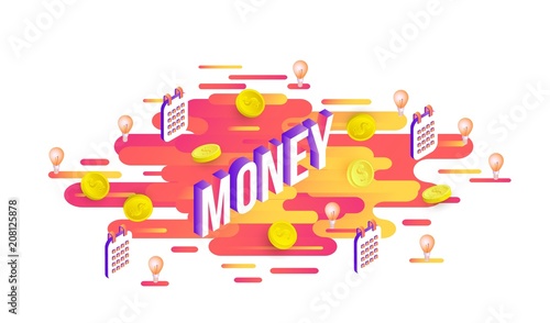 Trendy money poster, banner background template with golden coins, calendar planners and light bulbs on vibrant gradient red yellow color abstract geometric shapes. Vector modern advertising layout