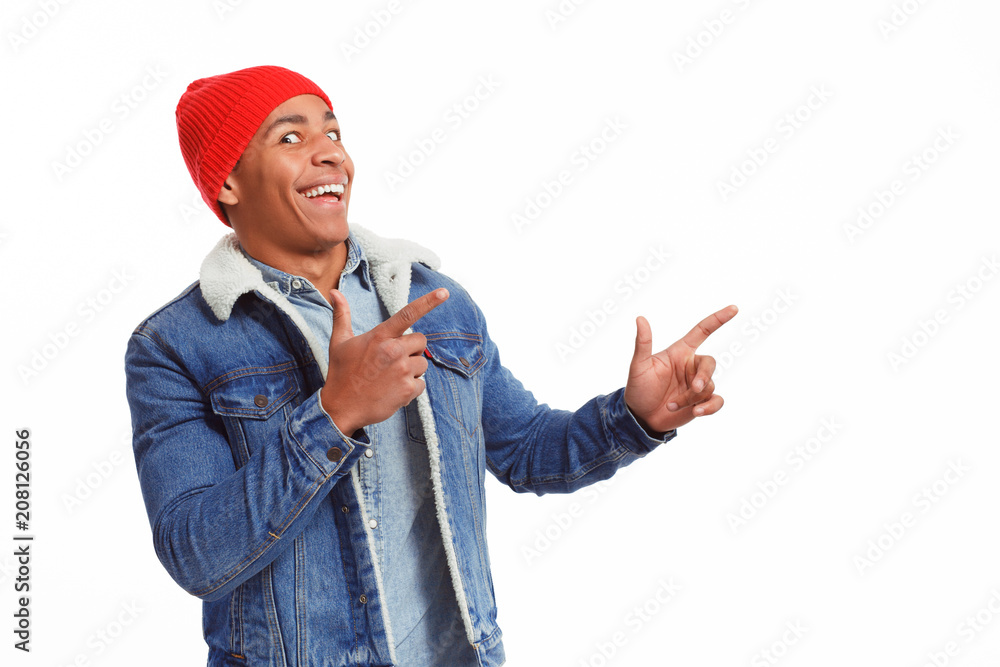 Funny guy pointing away on white Funny guy pointing away on white