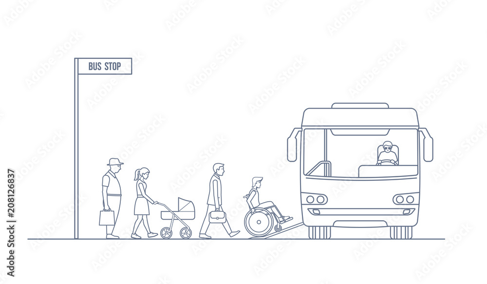 Passengers entering the bus at the bus stop. Road trip and people concept . Vector illustration in line art style Passengers entering the bus at the bus stop. Road trip and people concept . Vector illustration in line art style