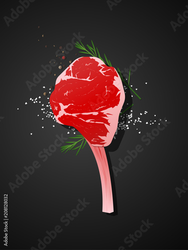 Raw beef, tomahawk steak with seasoning on dark background , vector , illustration