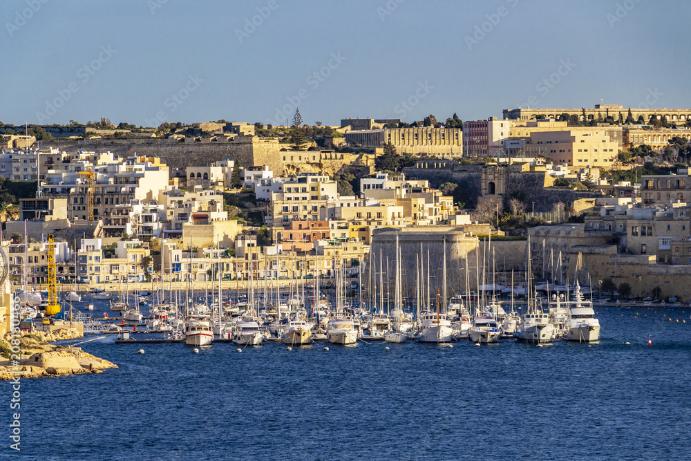 View of the Kalkara Creek with the boat yard from the Barakka Gardens in Valletta, Malta