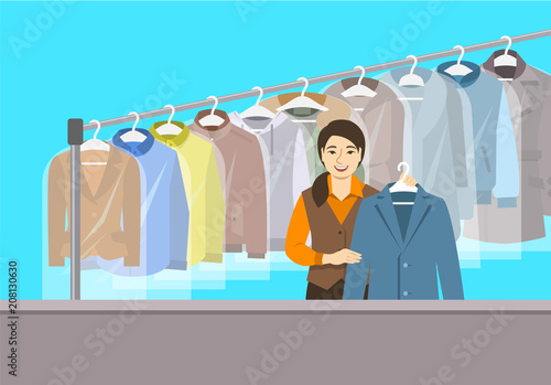 Dry cleaning shop interior. Asian girl stands at reception counter and holds clean jacket. Hanging rack with cleaned clothes. Vector flat illustration. Textile cleaner service conceptual background
