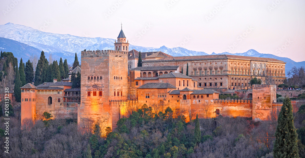 Alhambra of Granada at sunset, Andalusia, Spain