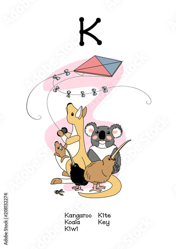 vector scandi animals English alphabet for letter K
