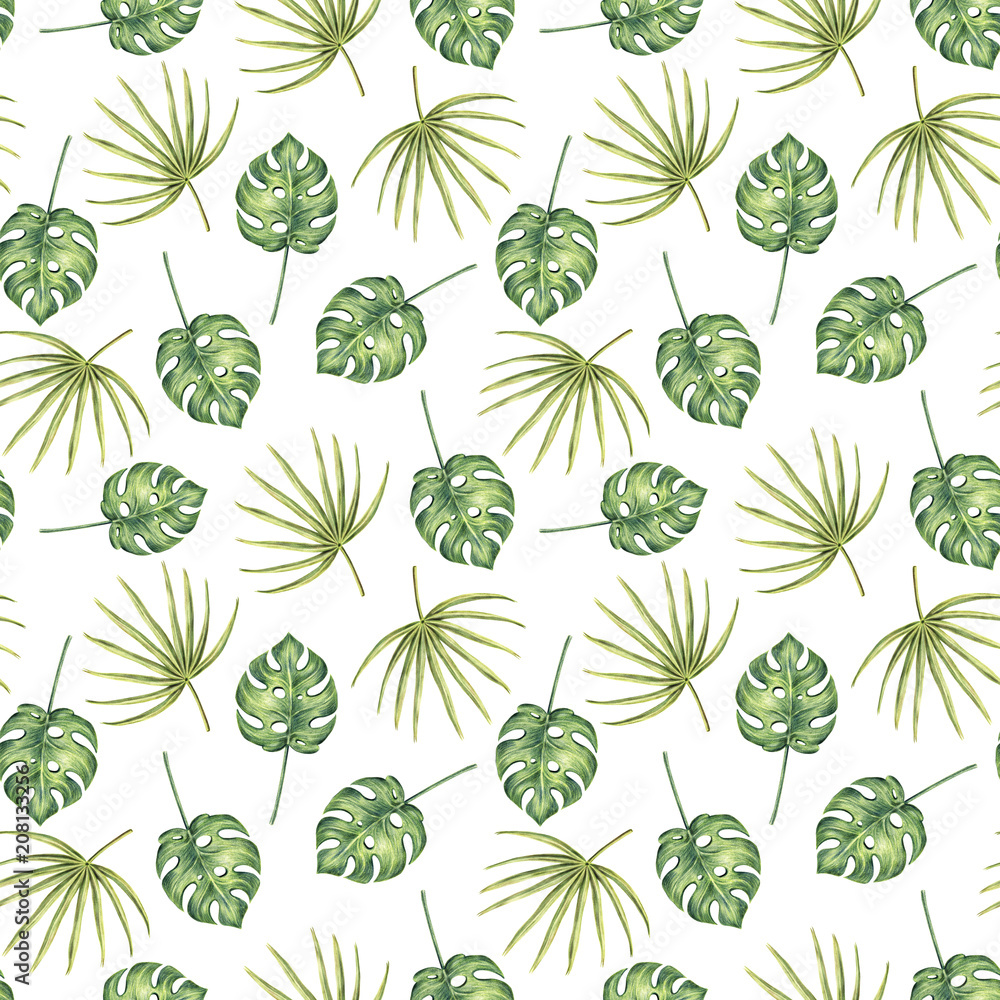 Seamless pattern of hand-drawn tropic palm leaves
