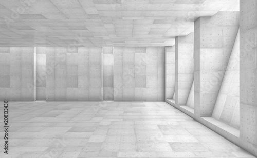 Abstract concrete showroom with columns. Modern geometric design. White floor and wall background. 3d rendering