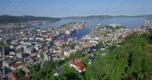 Aerial view of VÎgen harbour, Byfjorden fjord and old city from Mount FlÀyen (FlÀyfjellet), Bergen, Hordaland, Norway, Scandinavia  photo
