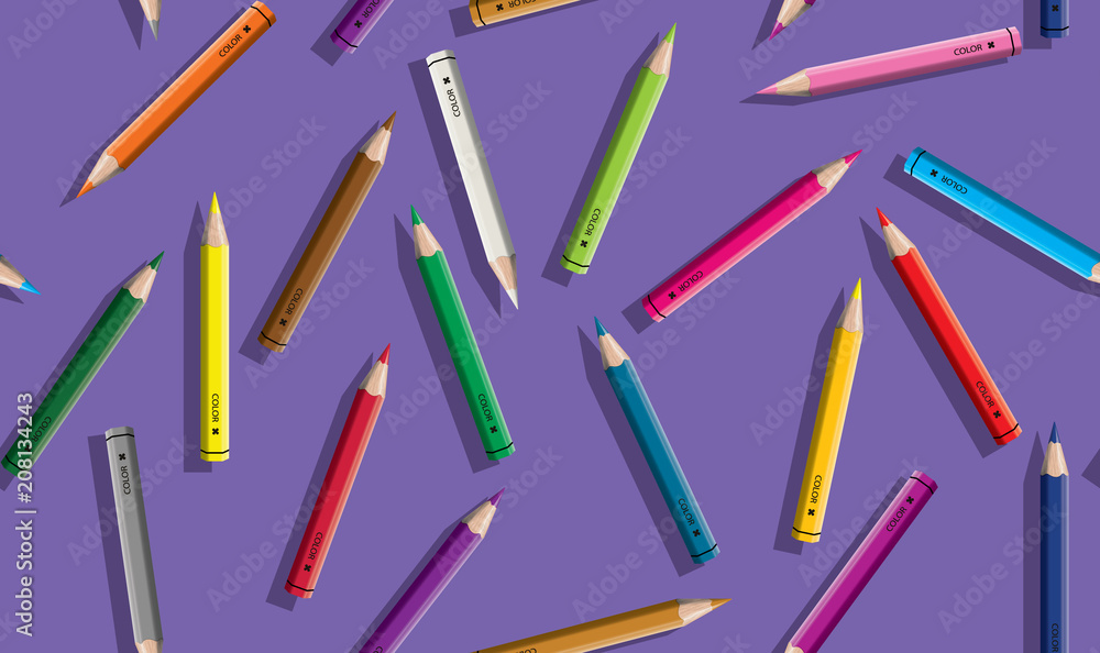 Set of colored pencil collection scattered arranged - seamless vector illustration craynos on violet background. Set of colored pencil collection scattered arranged - seamless vector illustration craynos on violet background.