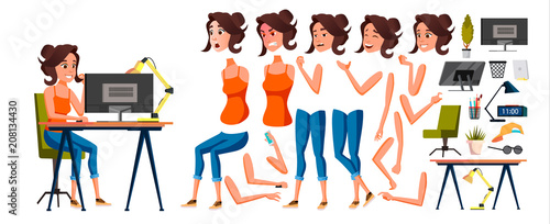 Office Worker Vector. Woman. Smiling Servant, Officer. Business Human. Lady Face Emotions, Various Gestures. Animation Creation Set. Isolated Flat Cartoon Character Illustration
