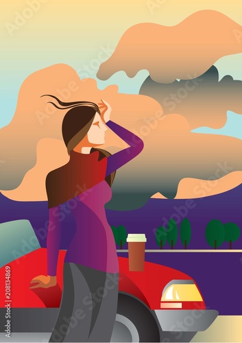 Warm evening / Creative conceptual vector. Woman standing near the car with a take away coffee.