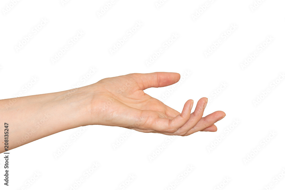 Caucasian woman's hand, palm up and fingers curled in a reaching out for help gesture. Isolated on white. Caucasian woman's hand, palm up and fingers curled in a reaching out for help gesture. Isolated on white.
