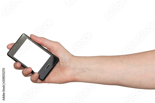 Wallpaper Mural Caucasian woman's hand holding an old smartphone mobile device with blank white screen. Isolated on white. Torontodigital.ca