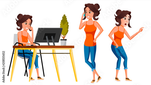 Office Worker Vector. Woman. Modern Employee, Laborer. Business Worker. Face Emotions, Various Gestures. Isolated Cartoon Character Illustration